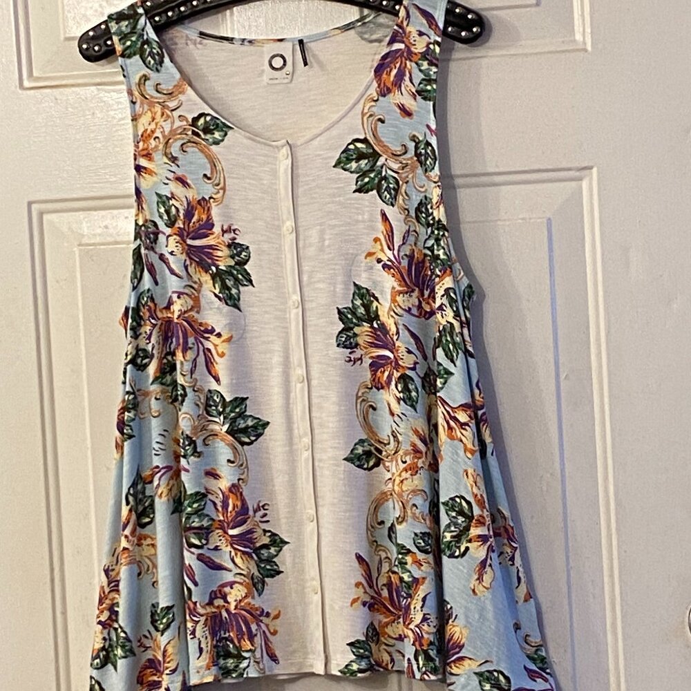 Akemi +Kin Womens Sz L Knit Flared Tank Button Up White/Multicolor Floral